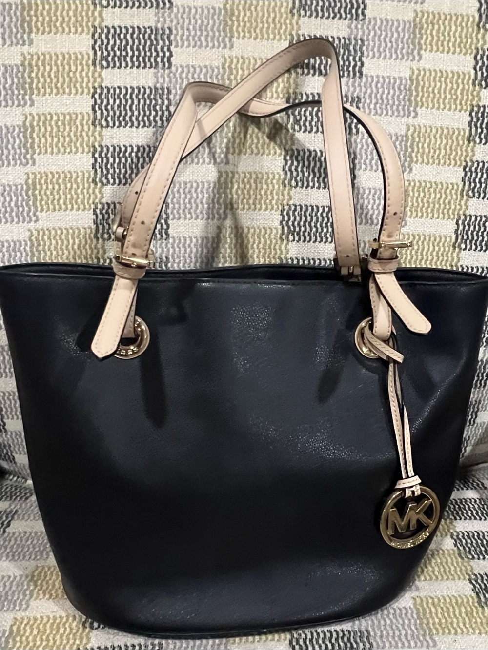 Michael Kors Black Tote with Tan Straps and Gold Hardware Jet Set